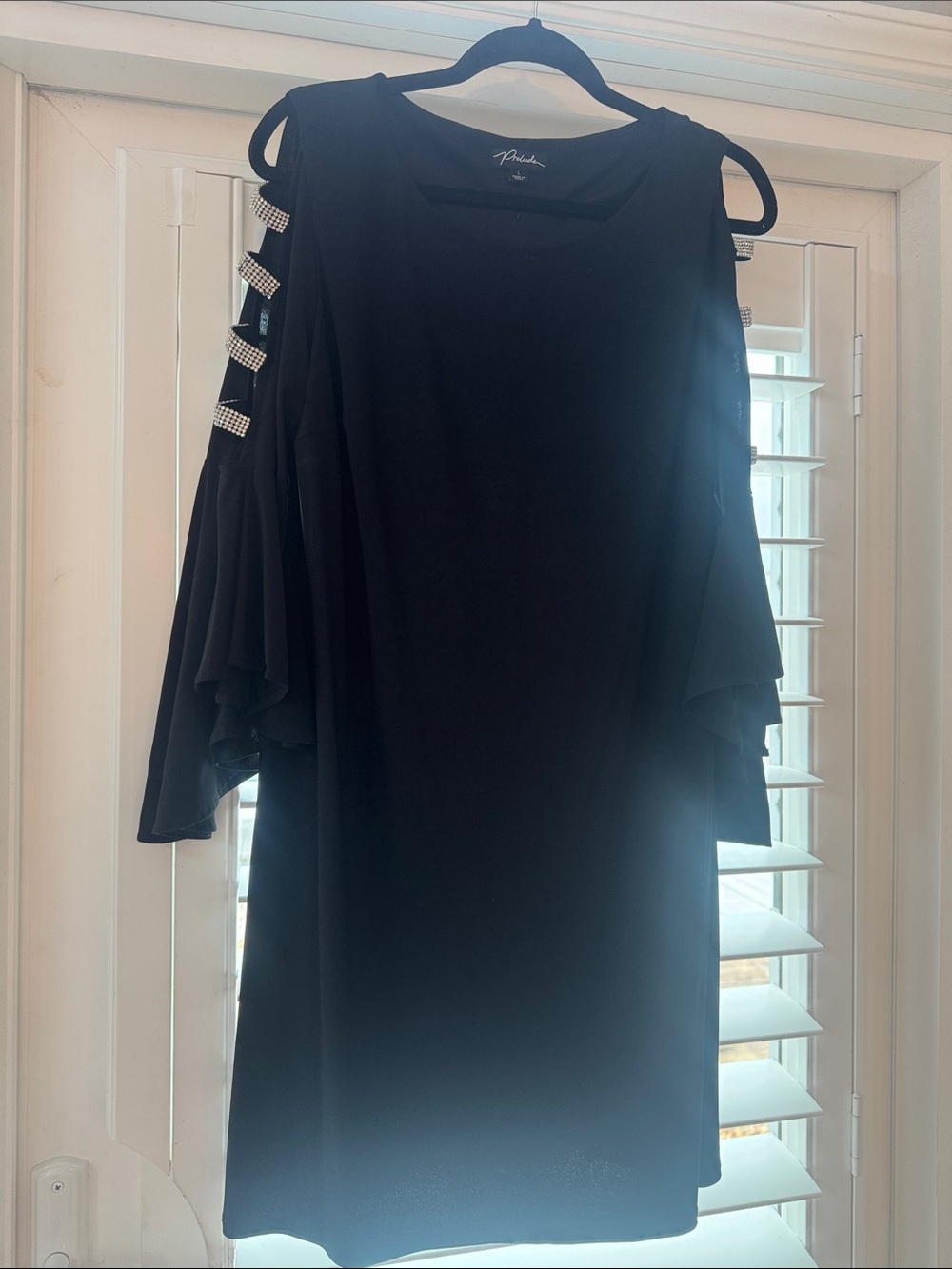 Prelude Black Cold-Shoulder Dress with Rhinestone Strap Accents Flutter Sleeve L